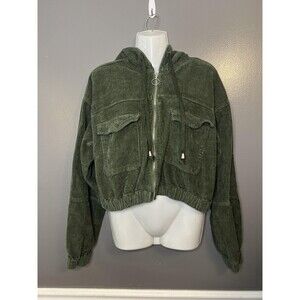 American Bazi Jacket Womens 1X Green Corduroy Hooded Zip Cropped Flap Pockets